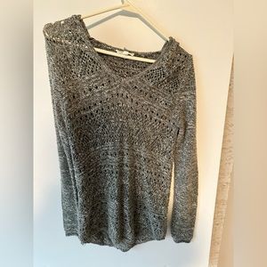 Gray sweater with hood.